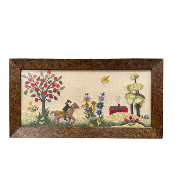 Vtg Framed Folk Art Embroidery/Crewel George Washington? On Horse Cherry Tree - Picture 1 of 9